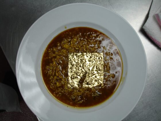 Edible Gold Gold leaf on a bowl of soup
