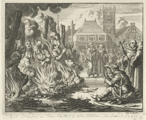 Anabaptism Jan Luyken, Zes mannen en twee vrouwen op de Dam voor het oude stadhuis levend verbrand (Six men and two women burned alive on the Dam in front of the old town hall), 1549