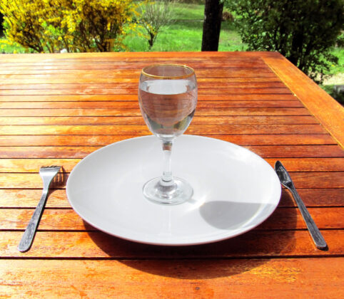 A glass of water on a plate