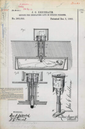 Safety Coffins Patent Drawing for J. G. Krichbaum's Device for Indicating Life in Buried Persons