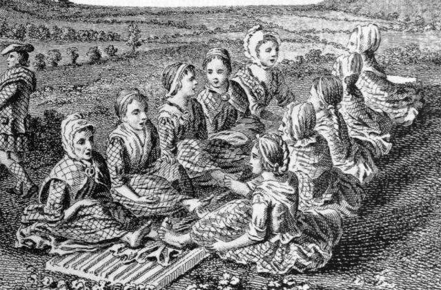 Detail of an 18th century engraving of Scotswomen waulking (fulling) cloth, and singing.