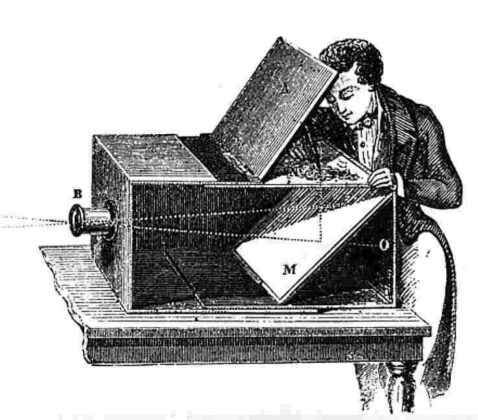 An artist drawing with the aid of a camera obscura